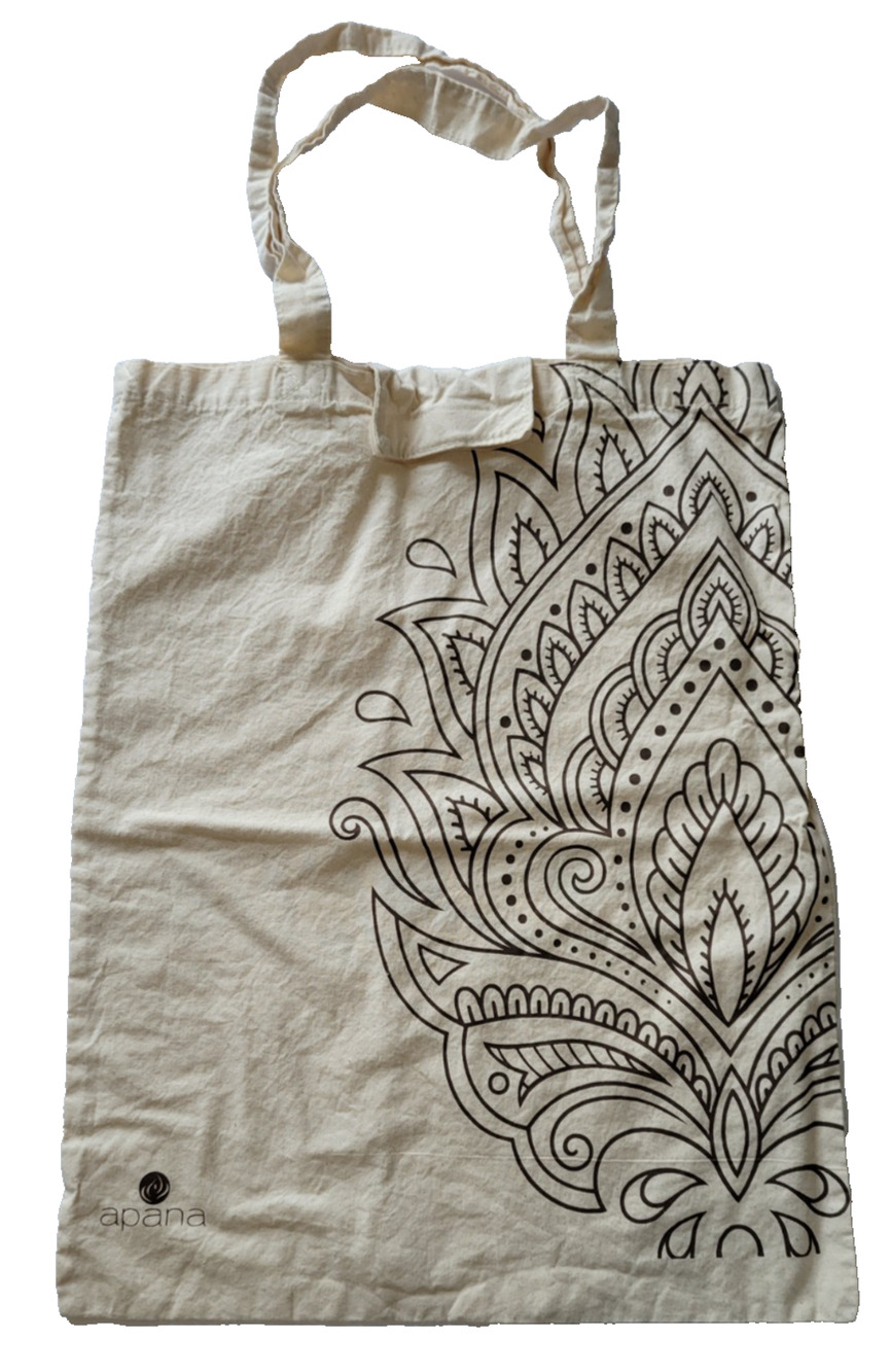 Apana Canvas Tote Bag Beige Black Paisley Reusable Shopping Yoga Boho